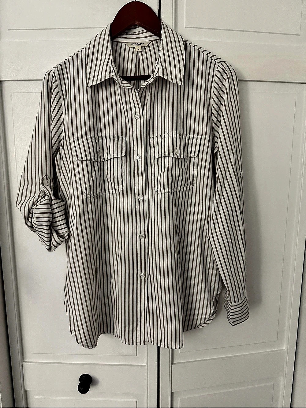 Max Studio London striped button-down shirt in White & Brown